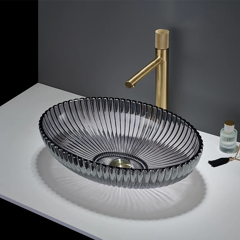 Luxury Crystal wash basin tempered glass bathroom sinks  oval shape vessel washbasin CounterTop sink