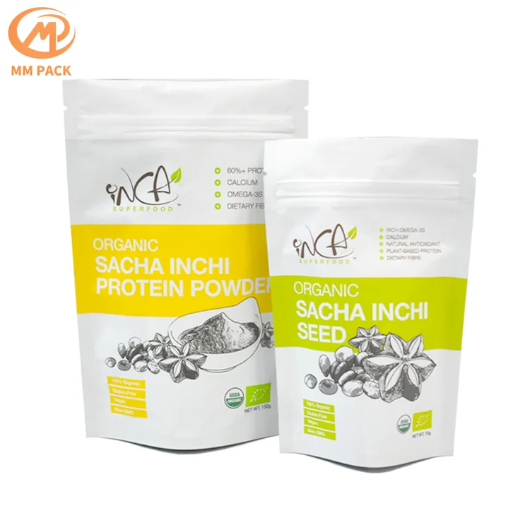 custom print dietary fibre  organic sacha inchi protein powder stand up mylar plastic ziplock bags