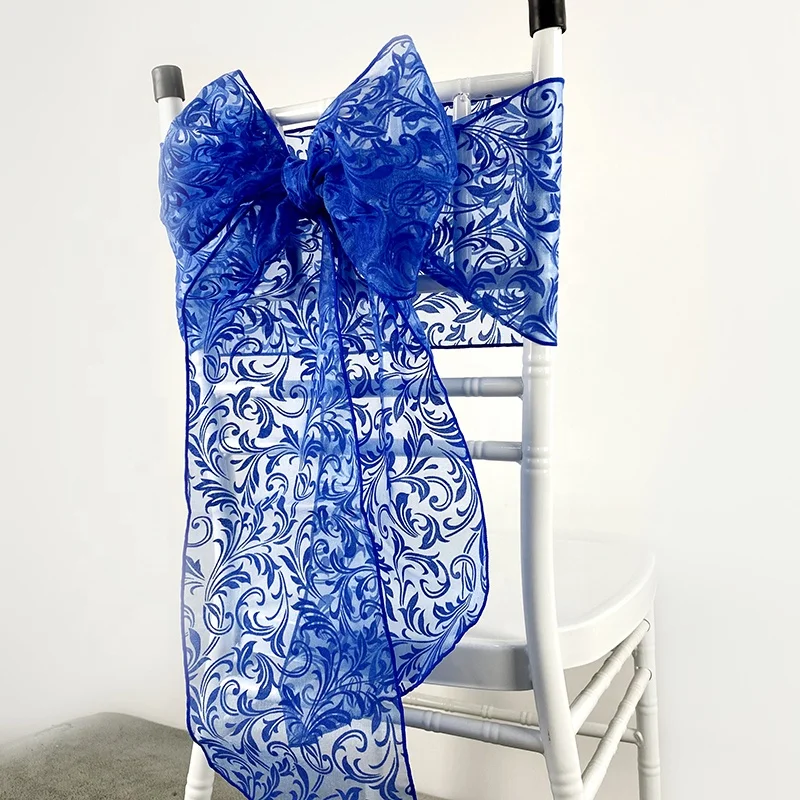 
New Design Hotel Home Chair Bow Royal Blue Sash For Chairs with Flower Flock 