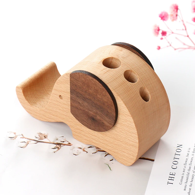 Elephant shape wooden pen holder office desk accessories wooden pencil holder with mobile phone/iphone stand holder