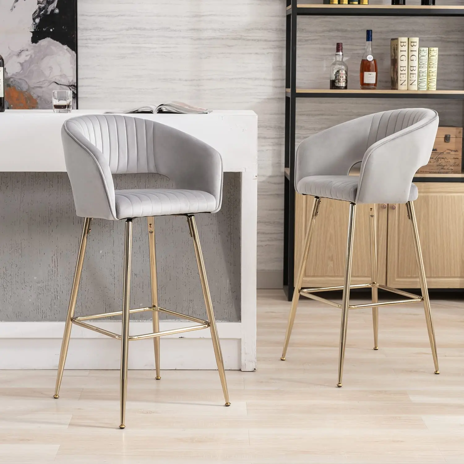 Counter Height Upholstered Stools Velvet Bar Stools Kitchen Stools With Gold Legs And Footrest