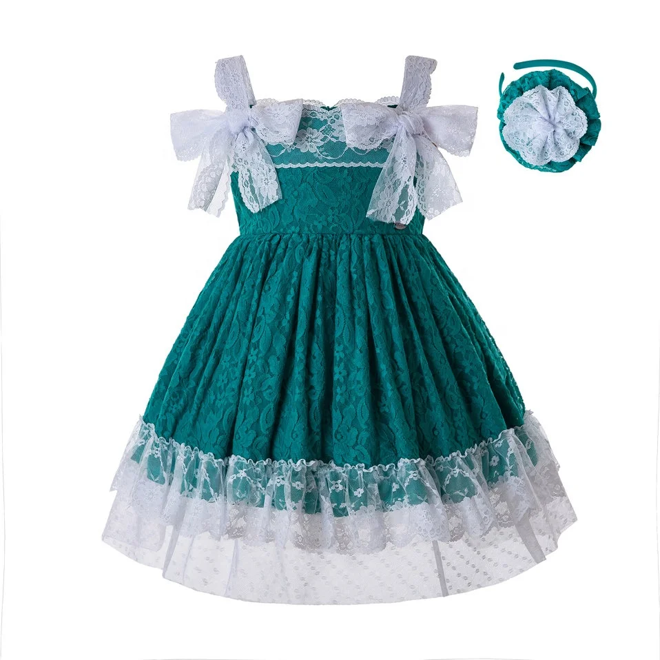 2023 OEM Pettigirl Newest Green Baby Girls Dresses Lace Flower Girl Dresses With Headwear Wholesale