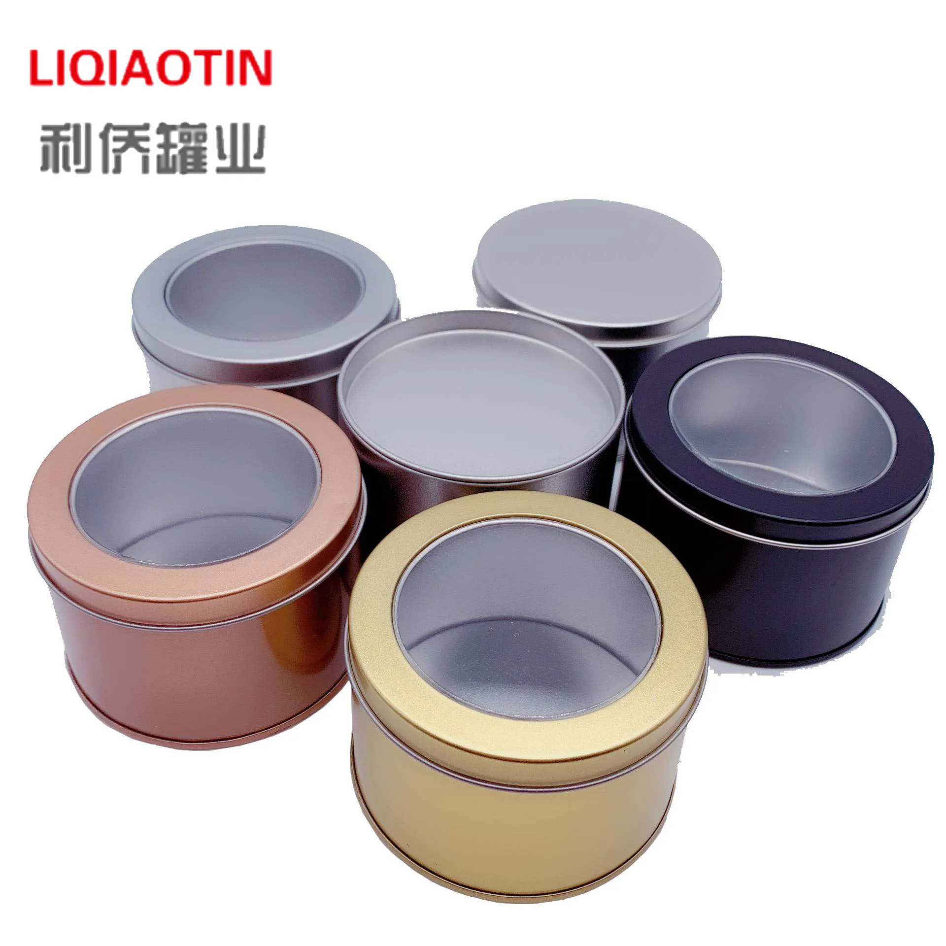 Tinplate champagne gold round 90 * 60mm open window candy tin box, tea dessert watch iron box packaging