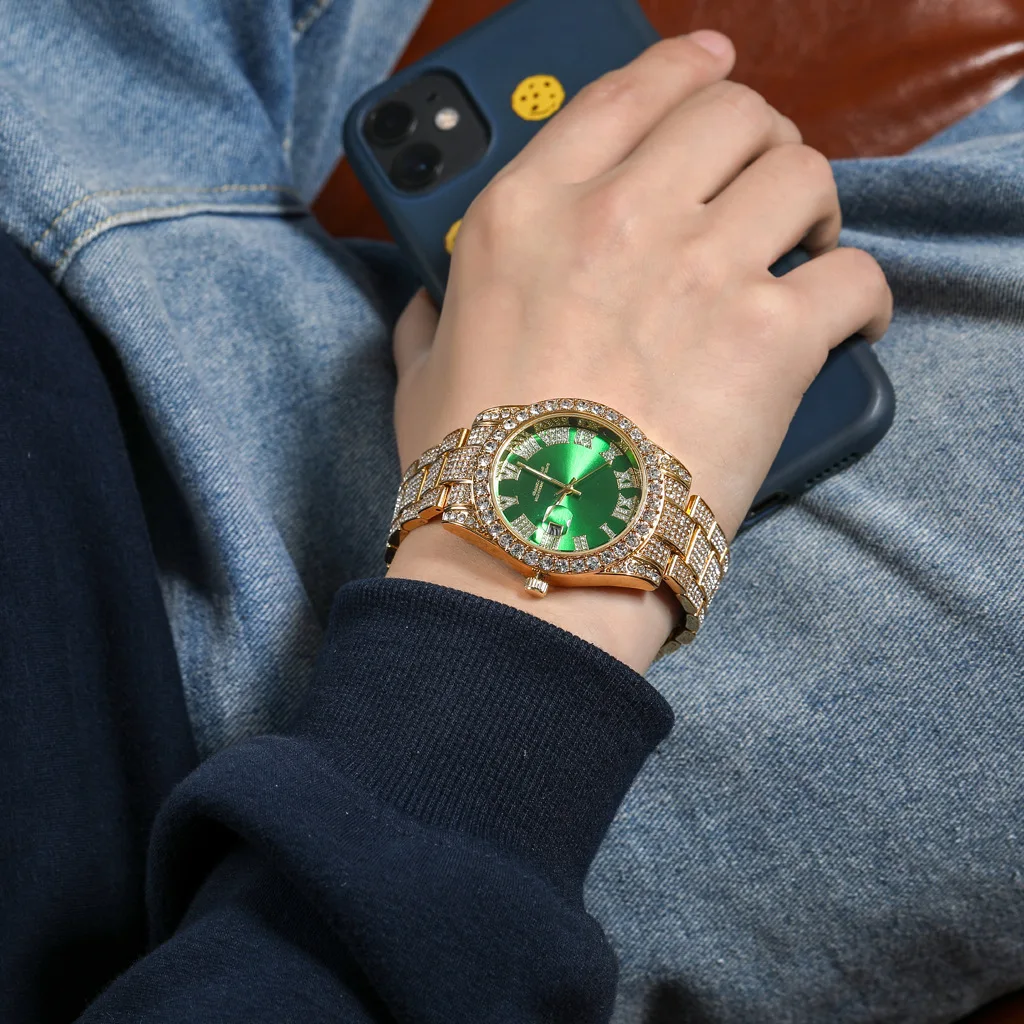 Watch bling diamanty z nerezove oceli rimske cislice 44MM kulaty cifernik quartz hodinky