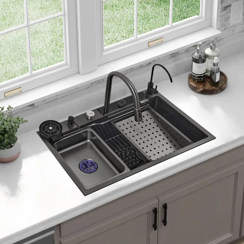 Italian multi function stainless steel waterfall single bowl smart kitchen sink