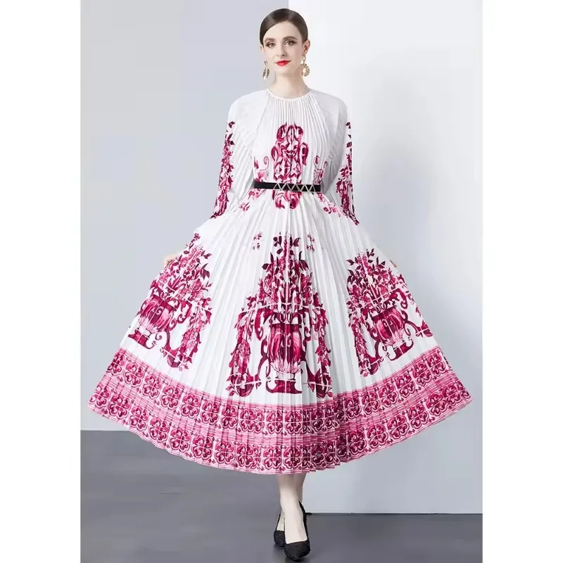 New Women O-Neck Long Sleeve Slim Dress High Quality Elegant Retro Majolica Porcelain Print Runway Dress 9461#