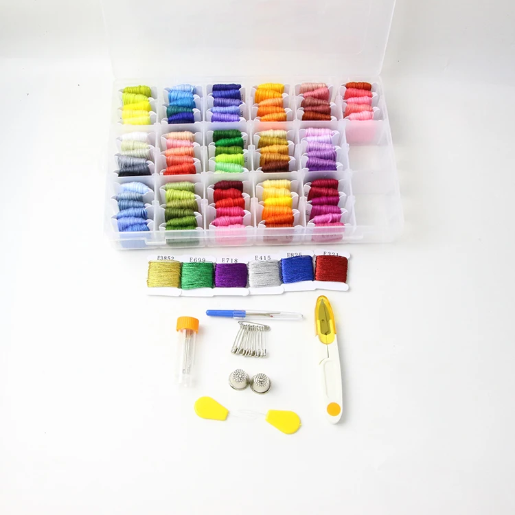
100 Skeins premium rainbow floss bobbins and cross stitch kit with organizer storage box 