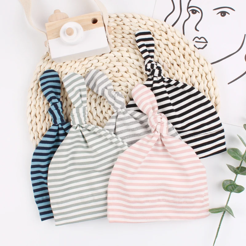 Top Knot Hat For Boys Girls Knotted New Born Beanie Striped Cotton Baby Cap Autumn Newborn Baby Hat