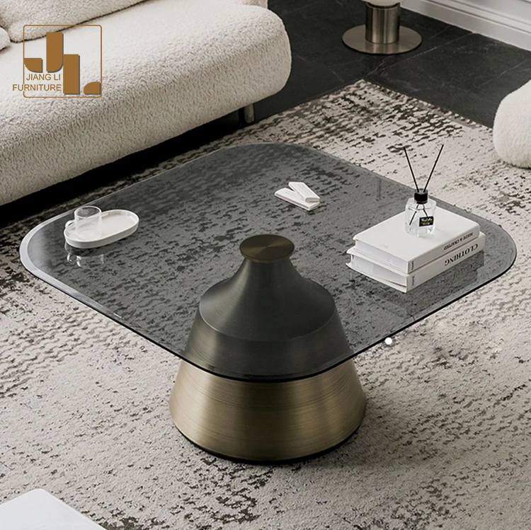 Nordic style hotel living room bronze coffee table furniture metal frame glass top coffee table set