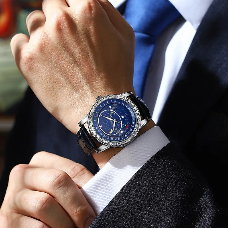 Fashionable Crystal Bezel Excel Watch Japan Quartz ATM Subdials Second Hand Working Star Dust No Mechanical Quartz Watch