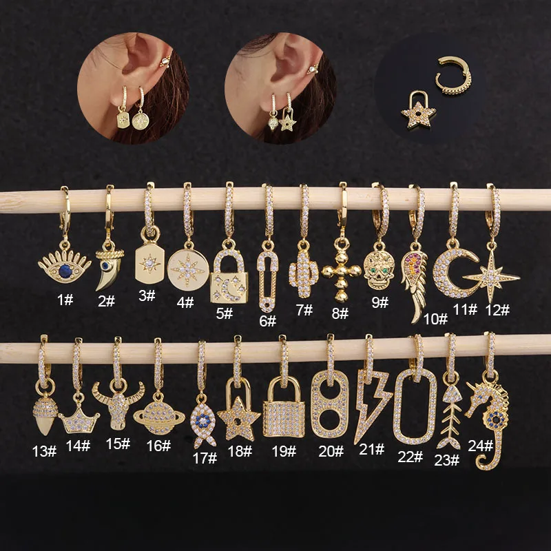 New Arrive Gold CZ Dangle Huggie Hoop Earring Eyes Lock Spike Star Skull Charm Hoop Cartilage Lobe Piercing Jewelry
