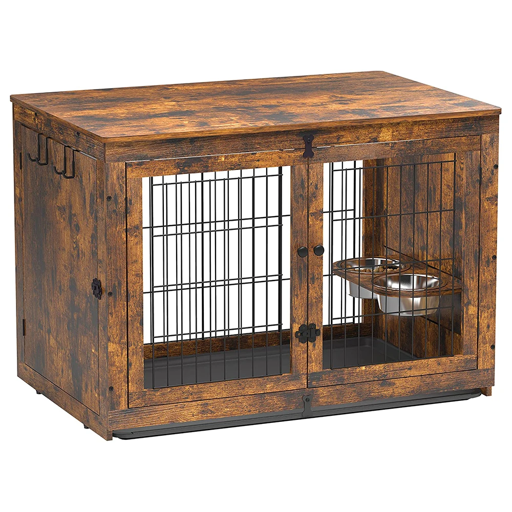 Pet Friendly Furniture Comfortable Dog Cottage Dog Crate End Table with Feeder Puppy Bed House