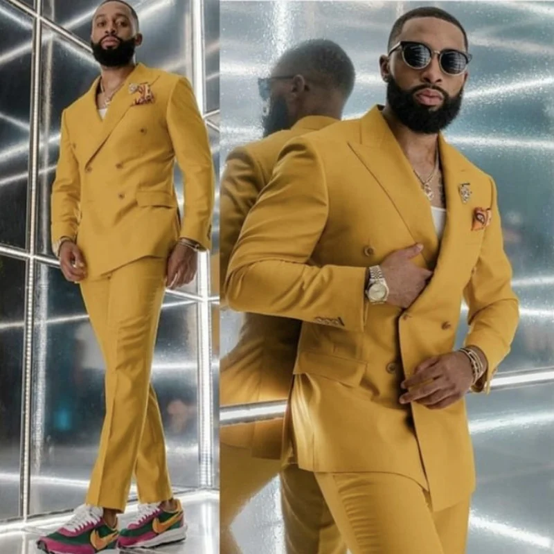 2022 New Yellow Mens Suit 2 Piece Slim Fit Double Breasted Wedding Office Blazer Trousers Formal Business Suits Set For Men