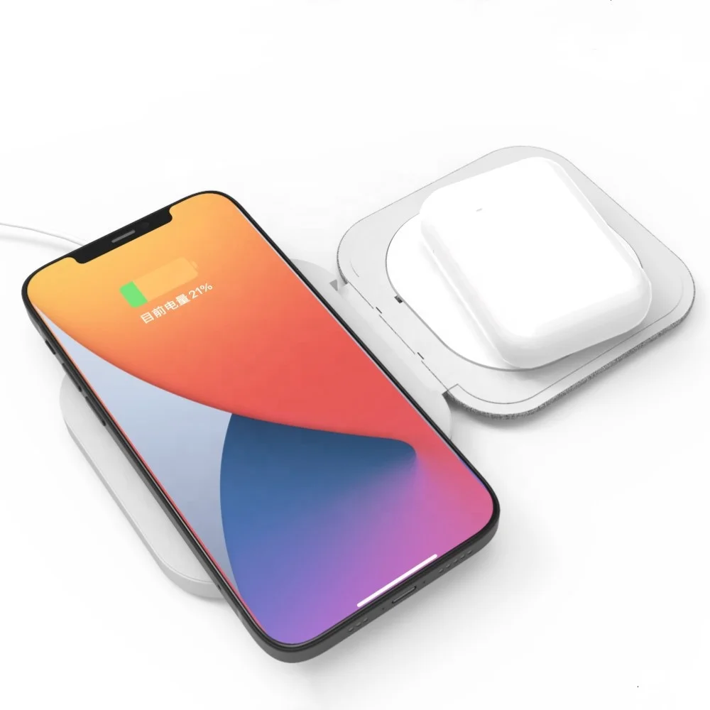 Newest Fabric Double 15W Mini Portable Desktop 2 in 1 Foldable Qi Fast Folding Wireless Charger For Mobile Phone Earphones