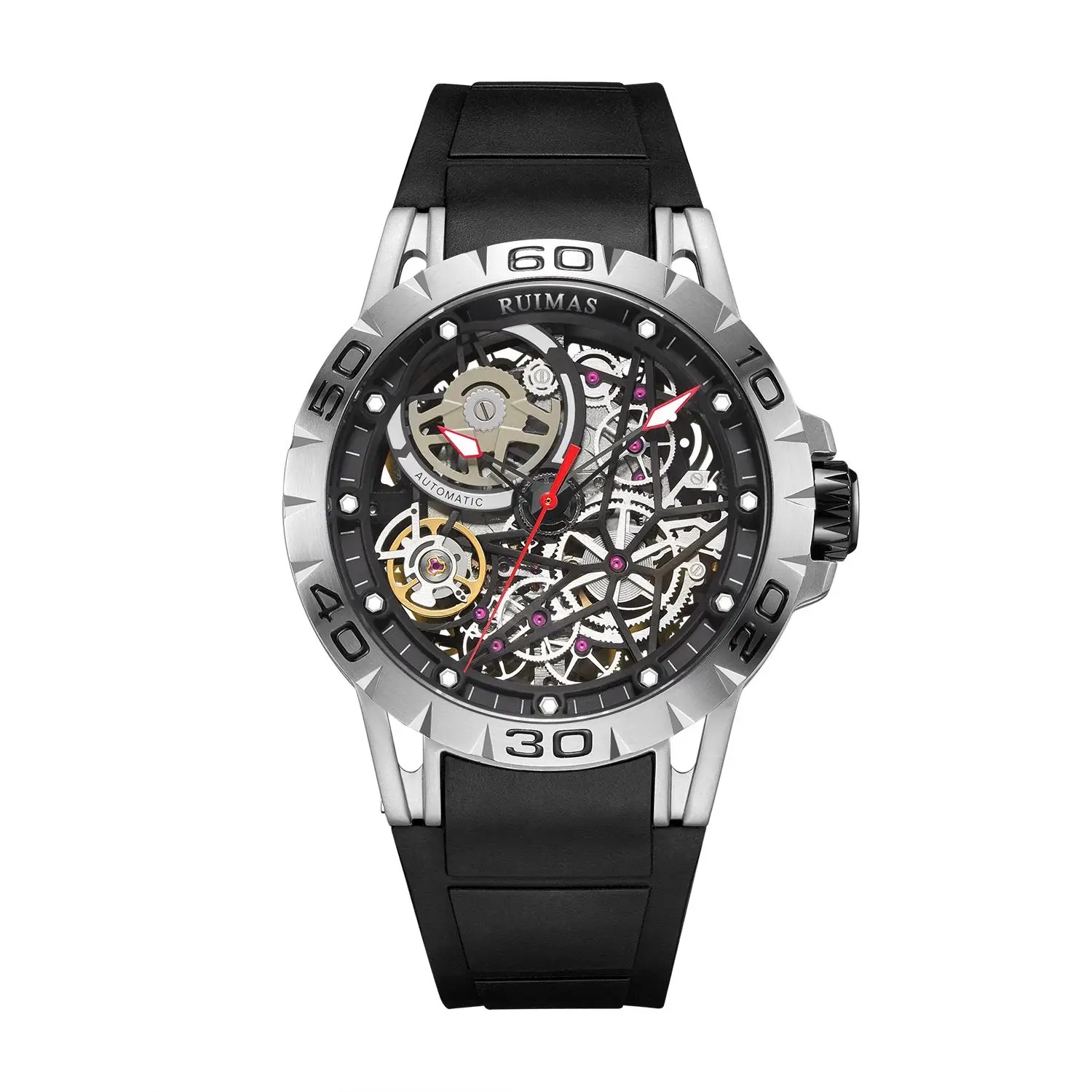 Reloj Automatico Hombre RUIMAS 6778 Роскошные Брендовые мужские механические часы с силиконовым браслетом, Скелет автоматические часы