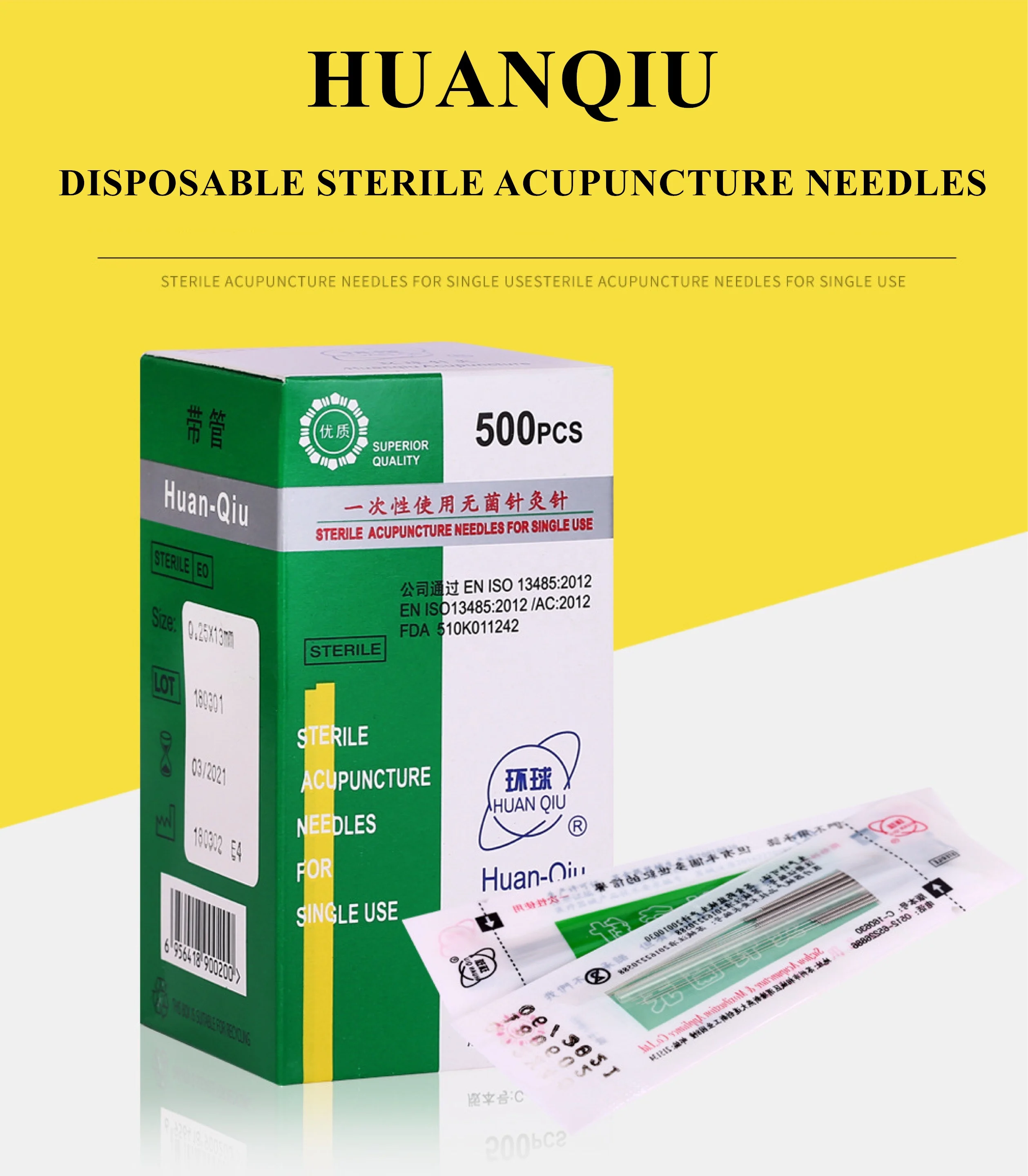 Huanqiu Brand Traditional Chinese Medicine Disposable Sterile Dry Needling Acupuncture Needles Chinese Needles 500pcs
