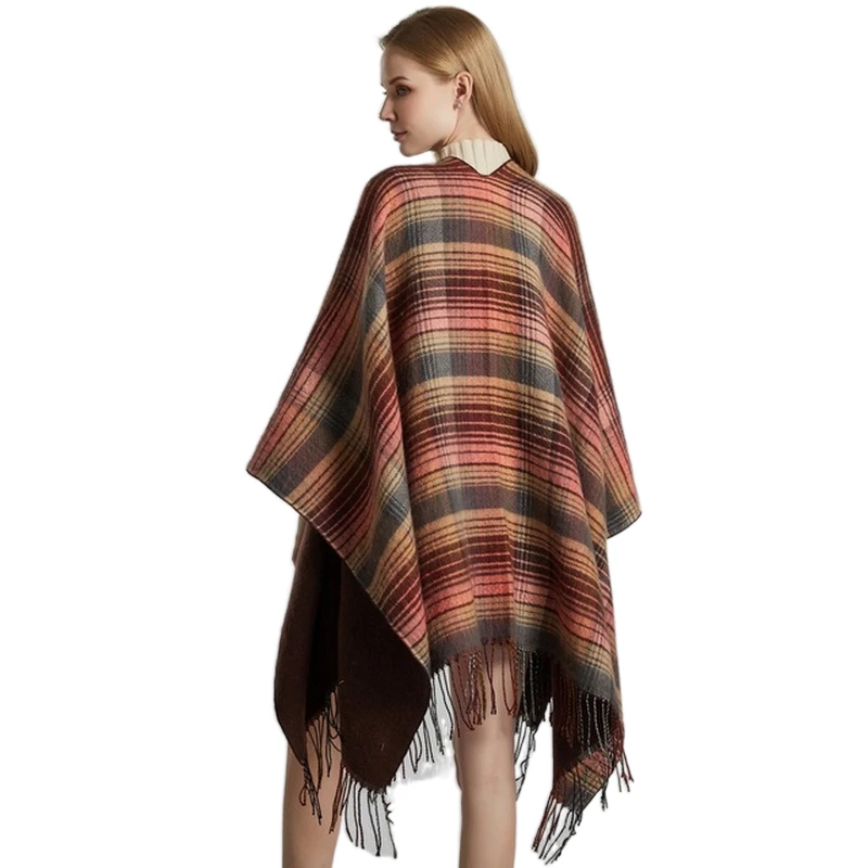 
Factory sale classic plaid shawl cashmere with tassel thick warm winter ponchos dress for women 