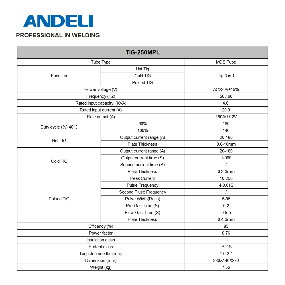  ANDELI TIG-250MPL умный многофункциональный сварочный аппарат MOS 220 В TIG/COLD/PULSE TIG для холодной сварки точечная