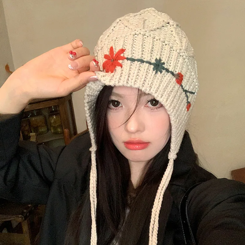Crochet Flowers Plain Ear Protection Warm Thicken Knitted Autumn Winter Outdoor Beanies Hat With Custom Logo