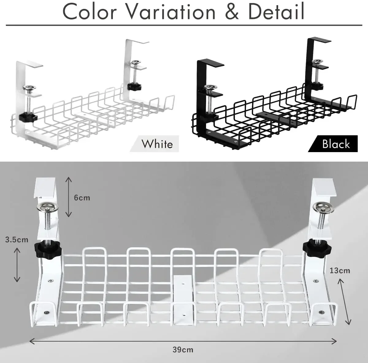 No Drill Cable Tray Basket for Wire Management, Sturdy Metal Cable Management Under Desk with Clamp for Home Office