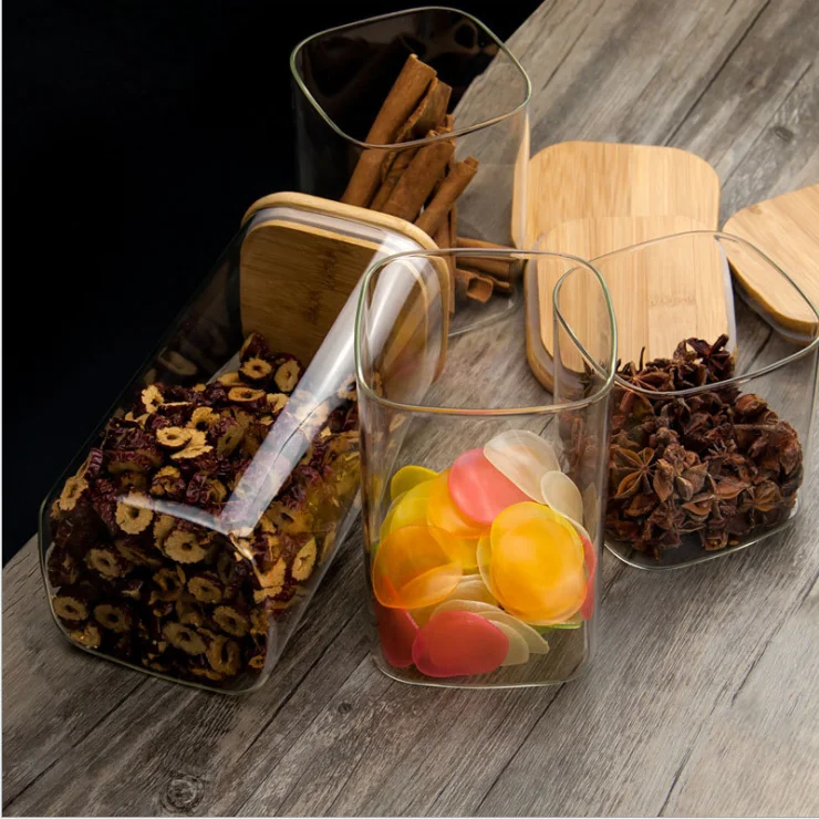 wholesale factory price different sizes square shape borosilicate glass jar with bamboo lid