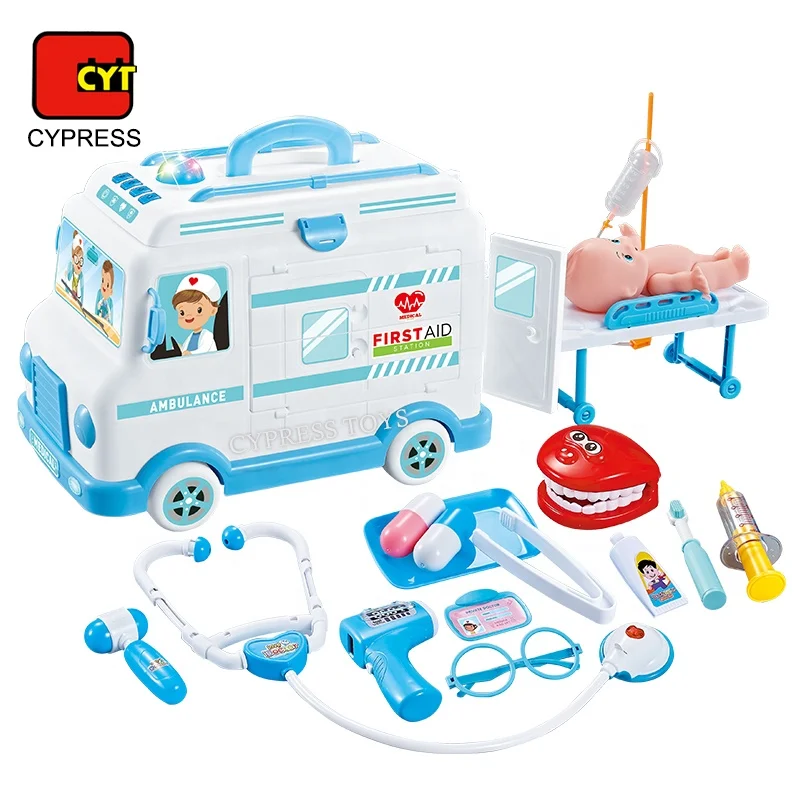 Custom B/O Sound Light Juguete De Pretend Play Doctor Medical Kit Toy Ambulance Toy For Kids