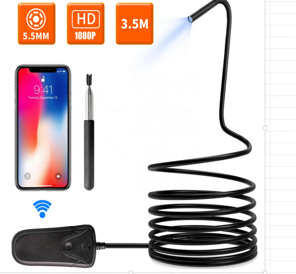 Камера видеонаблюдения с кабелем 5 м, Wi-Fi, HD720P, Автоспуск, время использования 3,5 часов