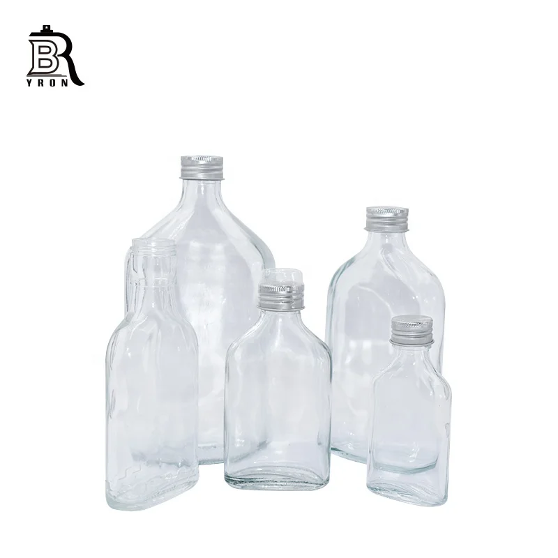 Byron Whiskey Flat Wine Bottle 50ml 100ml 200ml 250ml 350ml Screw Glass Beverage Vodka Juice Bottle with Cap