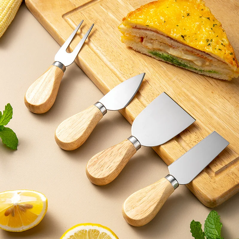 Wholesale Of Solid Wood Handle Cheese Knife Set By Manufacturer, Stainless Steel Cheese Knife Set, Four Piece Pizza Knife Set