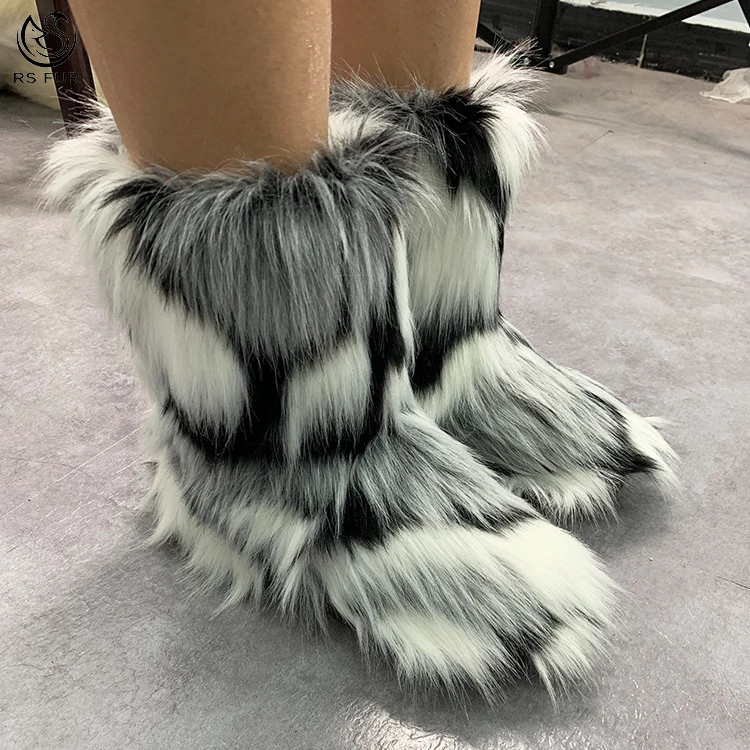 Fashion Anti Slip Child Girls Women Luxury Red Fur Winter Boots Covered with Faux Fox Raccoon Fur
