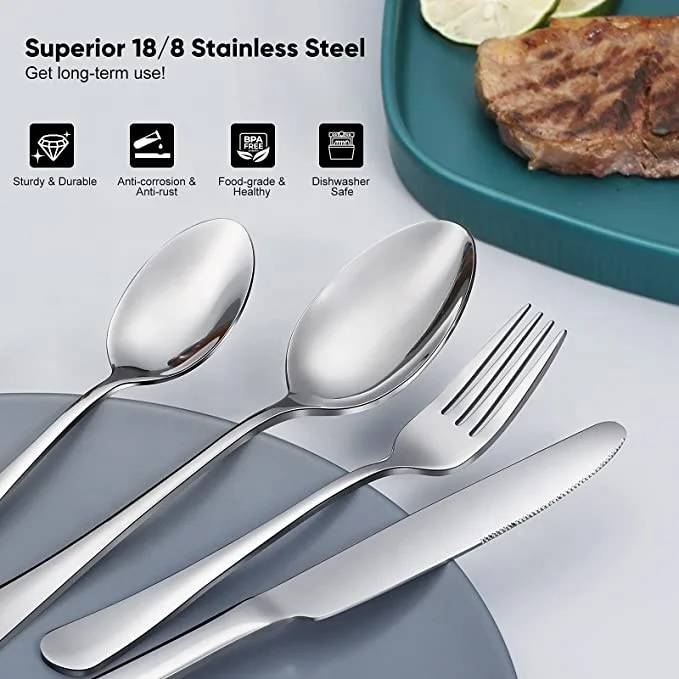Amazon Hot Selling 48pcs Silverware Set with Steak Knives for 8 Food-Grade Stainless Steel Flatware Dishwasher Safe Cutlery Set