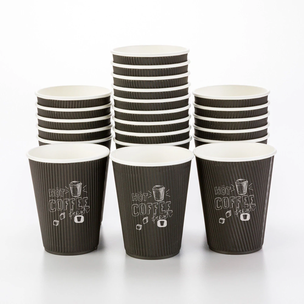 LOKYO Bio-degradable pla takeaway black 8oz 12oz 16oz ripple double wall paper cup disposable hot paper coffee cup with lids
