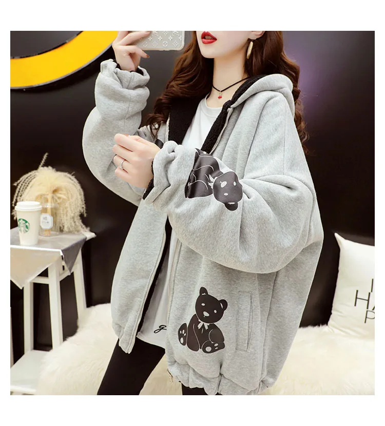 Both positive and negative lamb wool cardigan jacket sweater women plus velvet thickening 2021 autumn and winter new loose jacke