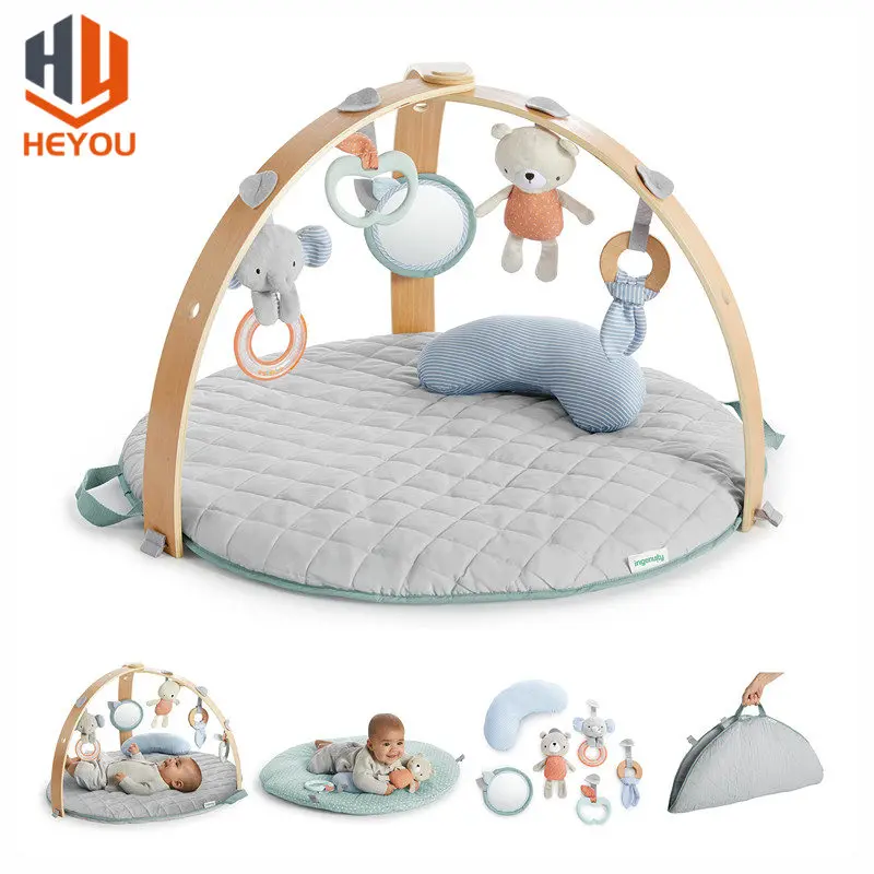 Wooden Baby Gym and Infant Play Mat with Wooden Bar Baby Gyms Developmental Activity Gym for Babies