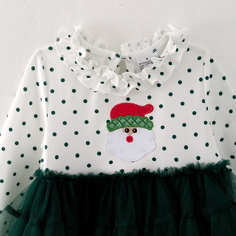 In Stock Kids Toddler Baby Girl Winter Christmas Santa Claus Embroidered Gauzy Peplum Green Striped Pants Set Outfit