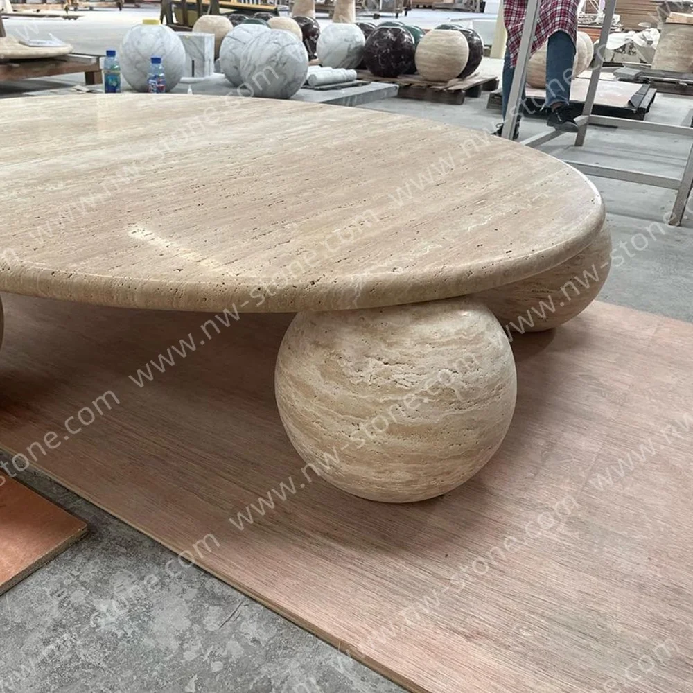 NANWEI Manufacturer Vintage Stone Tea Table 3 Legs Cream Travertine Center Garden Round Marble Coffee Table