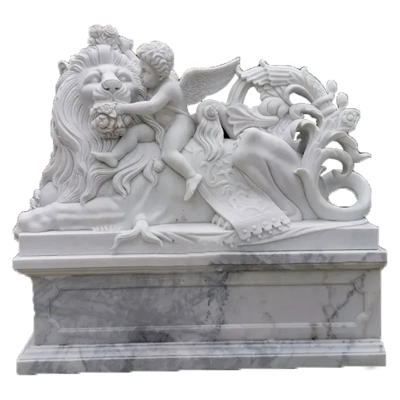 Shengye outdoor Garden Decoration Large Size Natural Stone Animal Sculpture White Marble Lion Small Angel Cupid Statue
