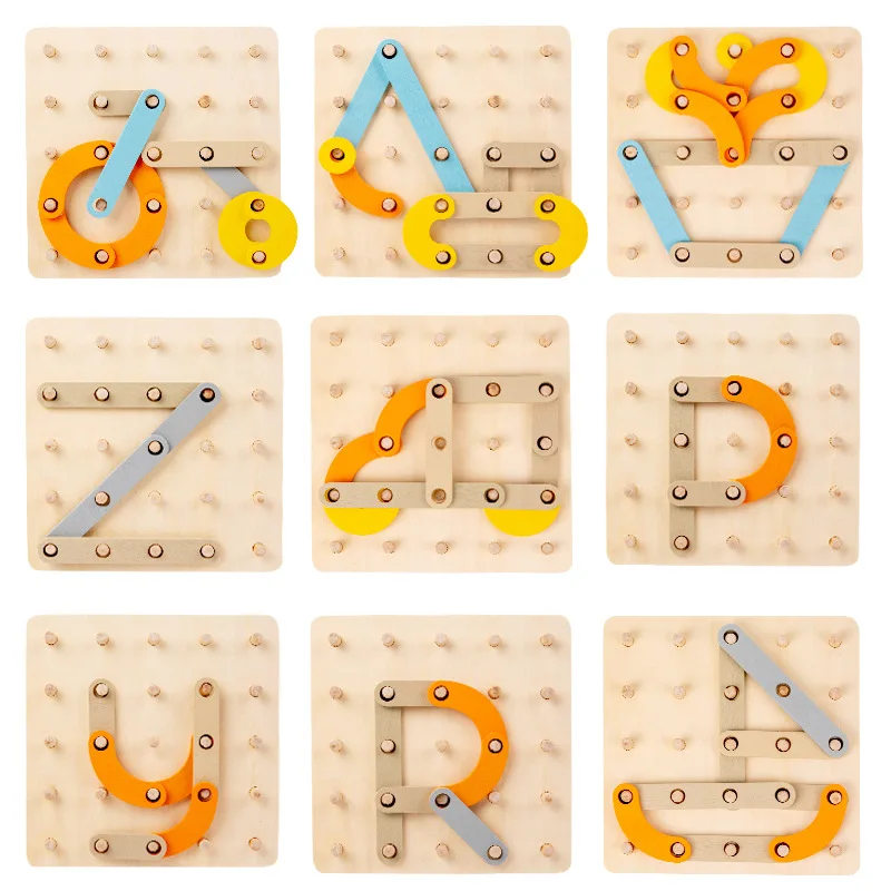 Early Education Math Puzzle Geometric Figure Teaching Aids Educational Pattern Cards Graphic Creative Toy Wooden Nails Board