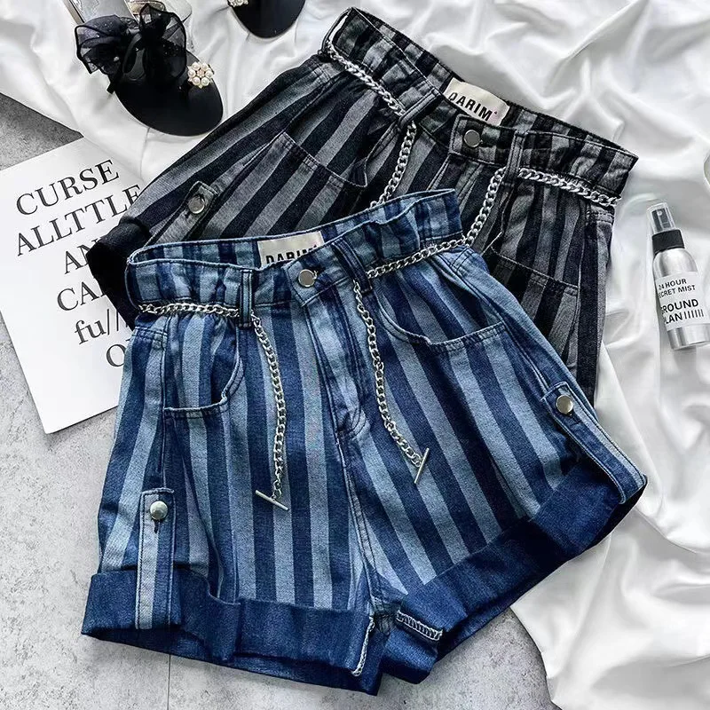 2023 New Summer Children Girl High Waist Denim Blue Black Striped Curl Shorts 3-15 Years