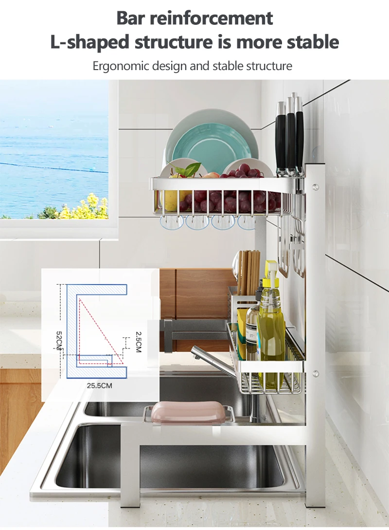 Holmine Dish Rack Over Sink Kitchen Supplies Storage Rack Space Saver Dish Organizer 304 stainless steel telescopic dish rack
