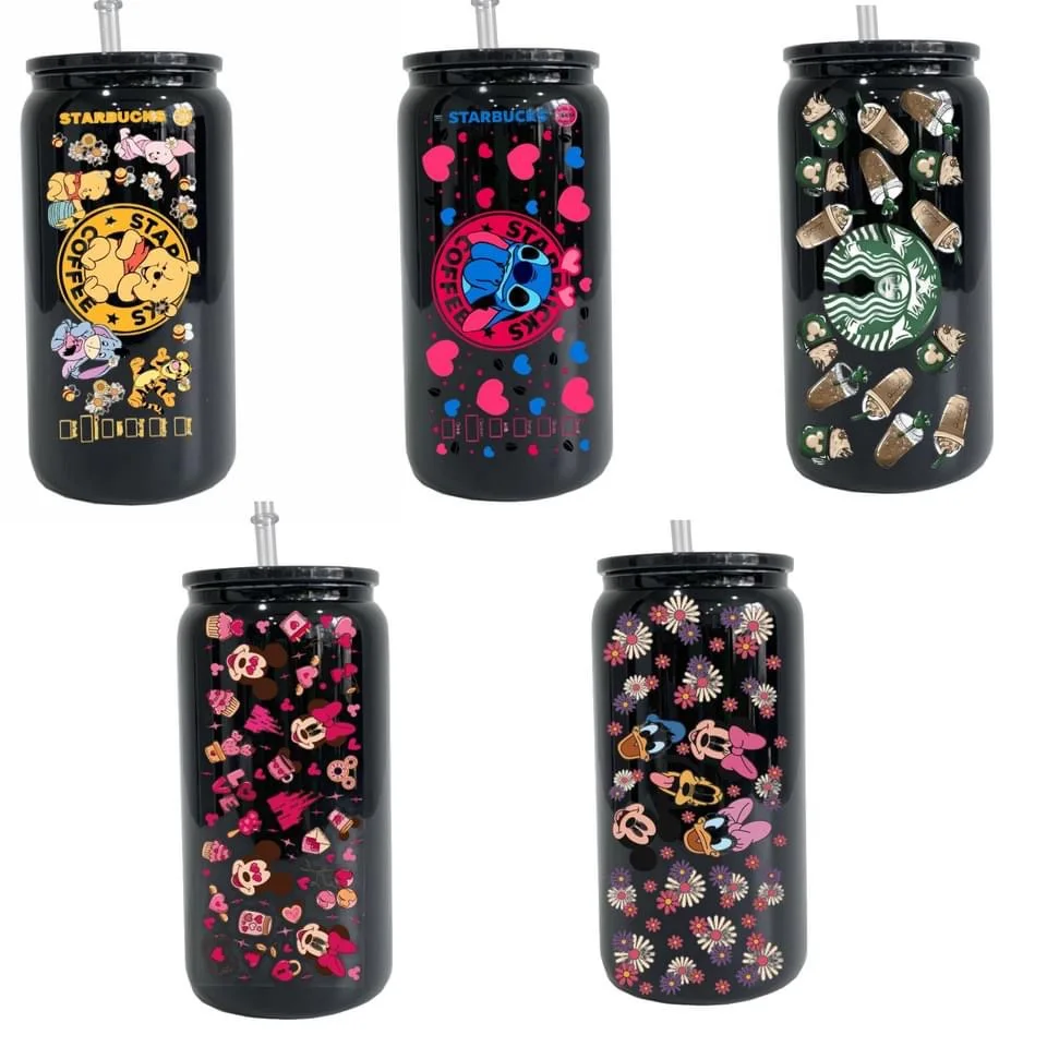 wholesale solid glossy black borosilicate 16oz beer glass can glass soda can 16oz black glass can for UV DTF wraps vinyl