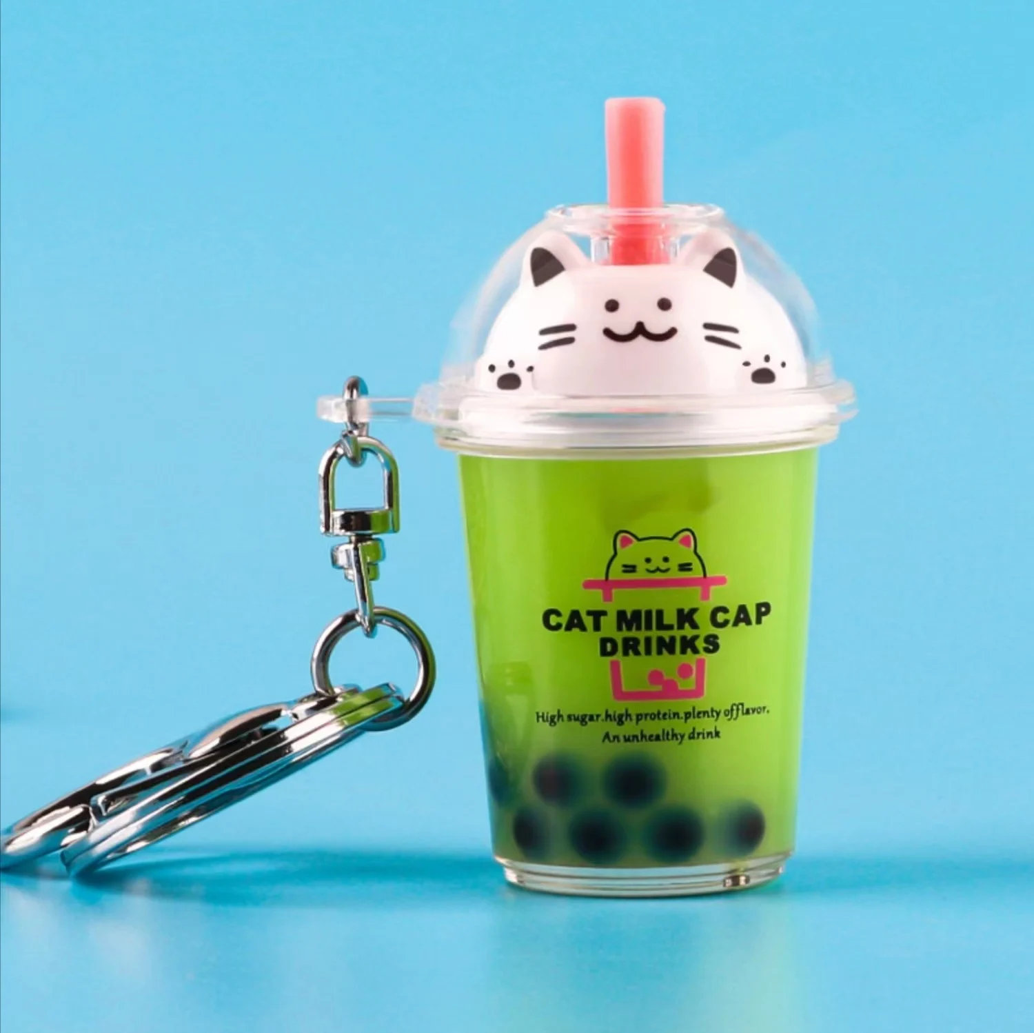 Custom Floating Plastic Key Ring Tea Cup Boba Milk Coffee Cup Keychains Cat Milk Cup key chain