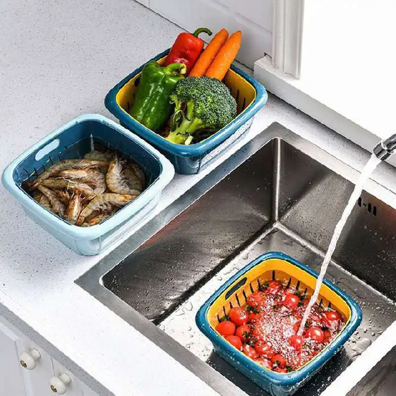 Household Square Multi-functional Wash Double-layer Vegetable And Fruit Kitchen Drain Basket