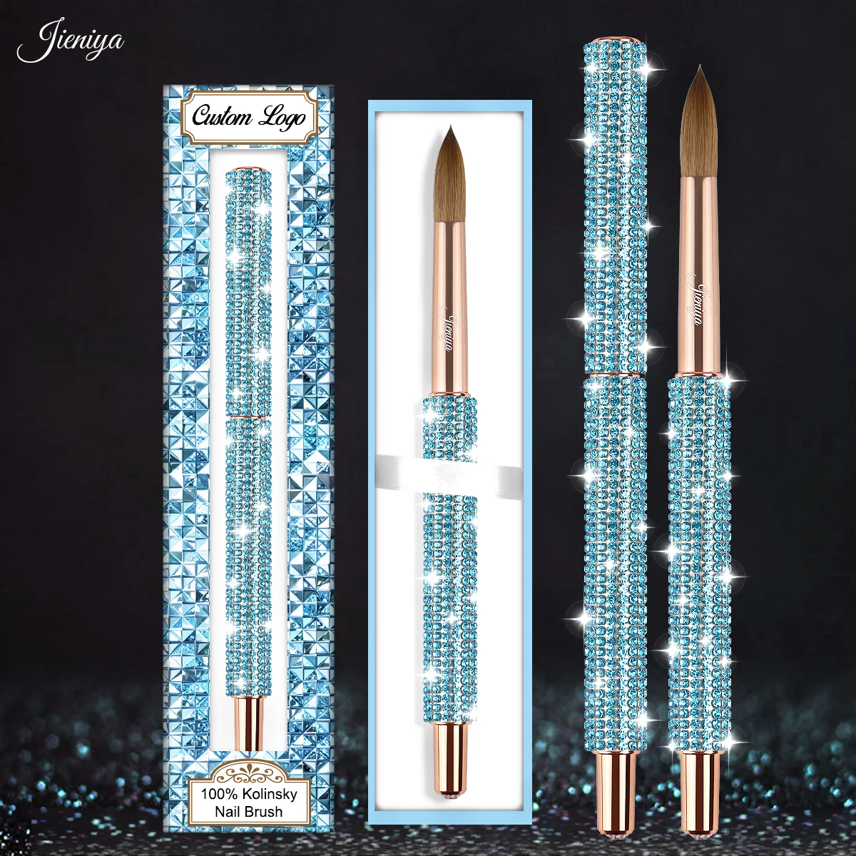 Stylish shiny blue Rhinestones decorated non-slip stylish shiny handle kolinsky hair acrylic brush for acrylic nails