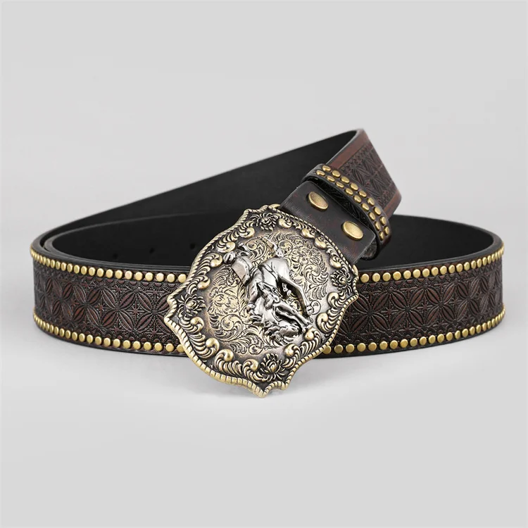 EMBOSSED WESTERN LEATHER BELT COWBOY RODEO CASUAL LEATHER BELT FLORAL EMBOSSING HORSE DESIGN BUCKLE BELT