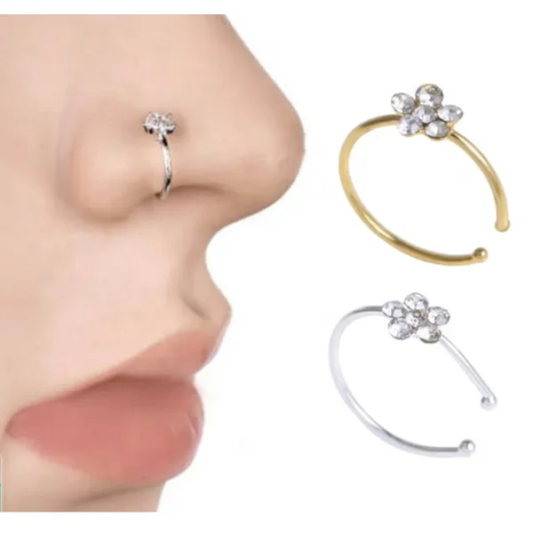 925 Sterling Silver Sparkly Small Thin Flower Clear Crystal Nose Ring Stud Hoop for  girl women