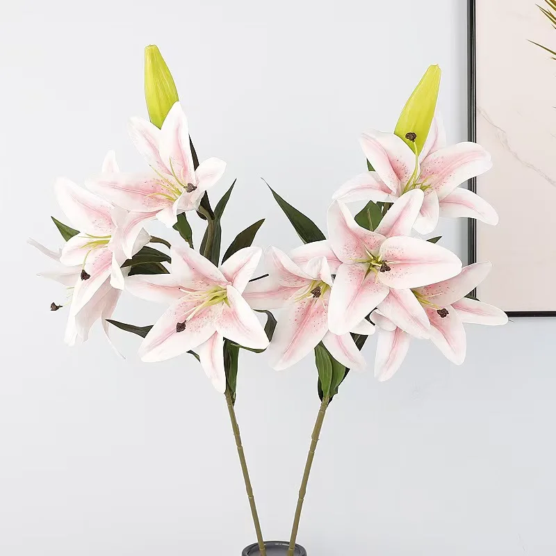 Hot Selling PU 5 Heads White Pink Natural Touch Artificial Lily Wedding Flower For Home Party Decoration Table Center Piece