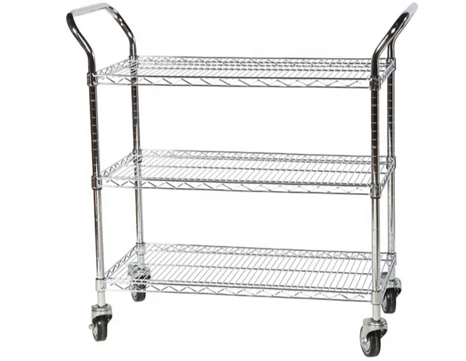Knock down chrome plated metal wire mesh shelf trolley 460x910x1060mm