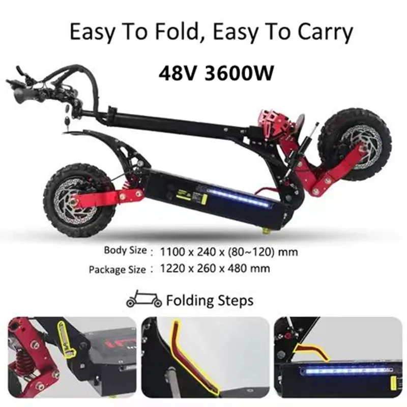 NEW  48v 3600W acceleration motor foldable electric scooter with 10-inch 65km/h off-road scooter kick electric wide tire