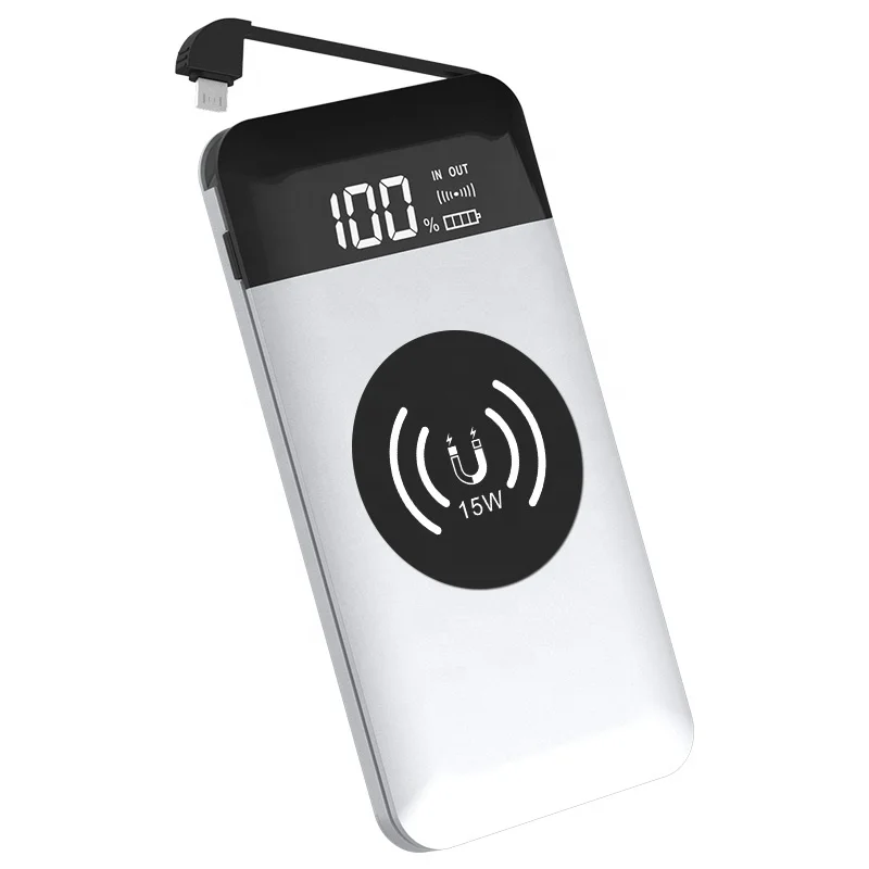 hot selling 15W portable handy wireless power bank magnetic10000mAh build in cable powerbank for iphone 12